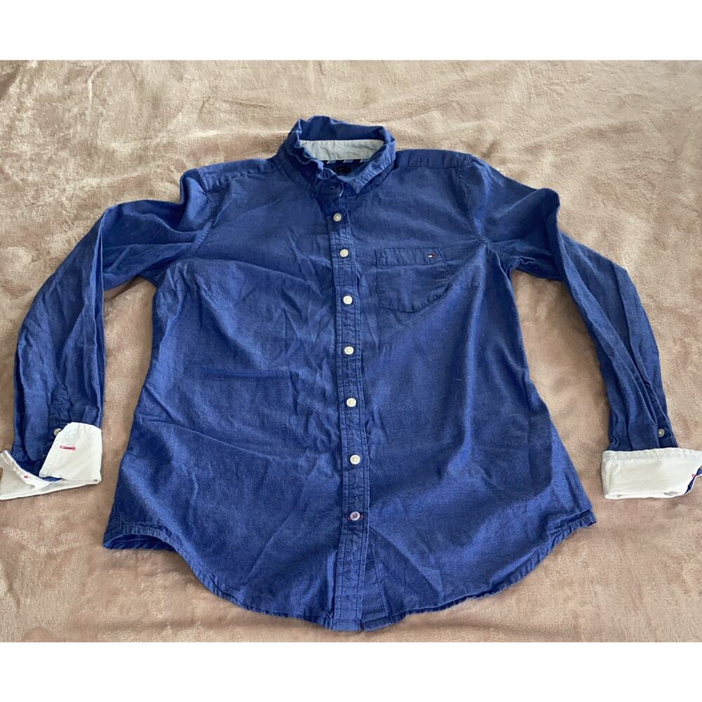 Tommy Hilfiger Women's Button Up Shirt Roll Tab Sleeve Blue White Cuffs Size S/P